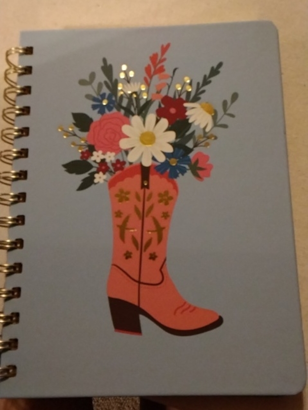 Floral Cowboy Boot Spiral Journal - Blue Cover, Pink Boot 1145